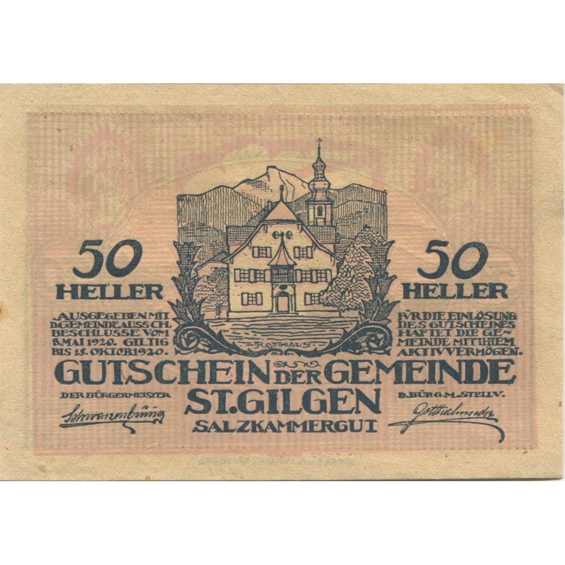 Banknote, Austria, St Gilgen, 50 Heller, Eglise, 1920 UNC(63) Mehl:FS 891a