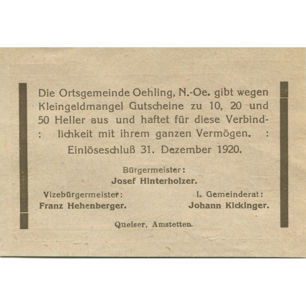 Banknote, Austria, Ohling, 50 Heller, Forêt 1920-12-31, UNC(63), Mehl:FS 599