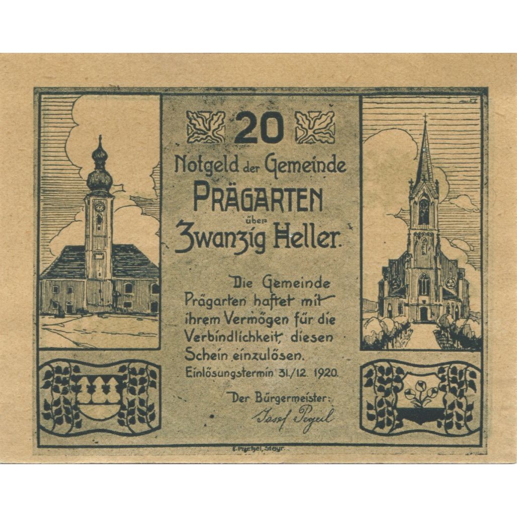 Banknote, Austria, Prägarten, 20 Heller, Eglise, 1920 UNC(63) Mehl:FS 777d
