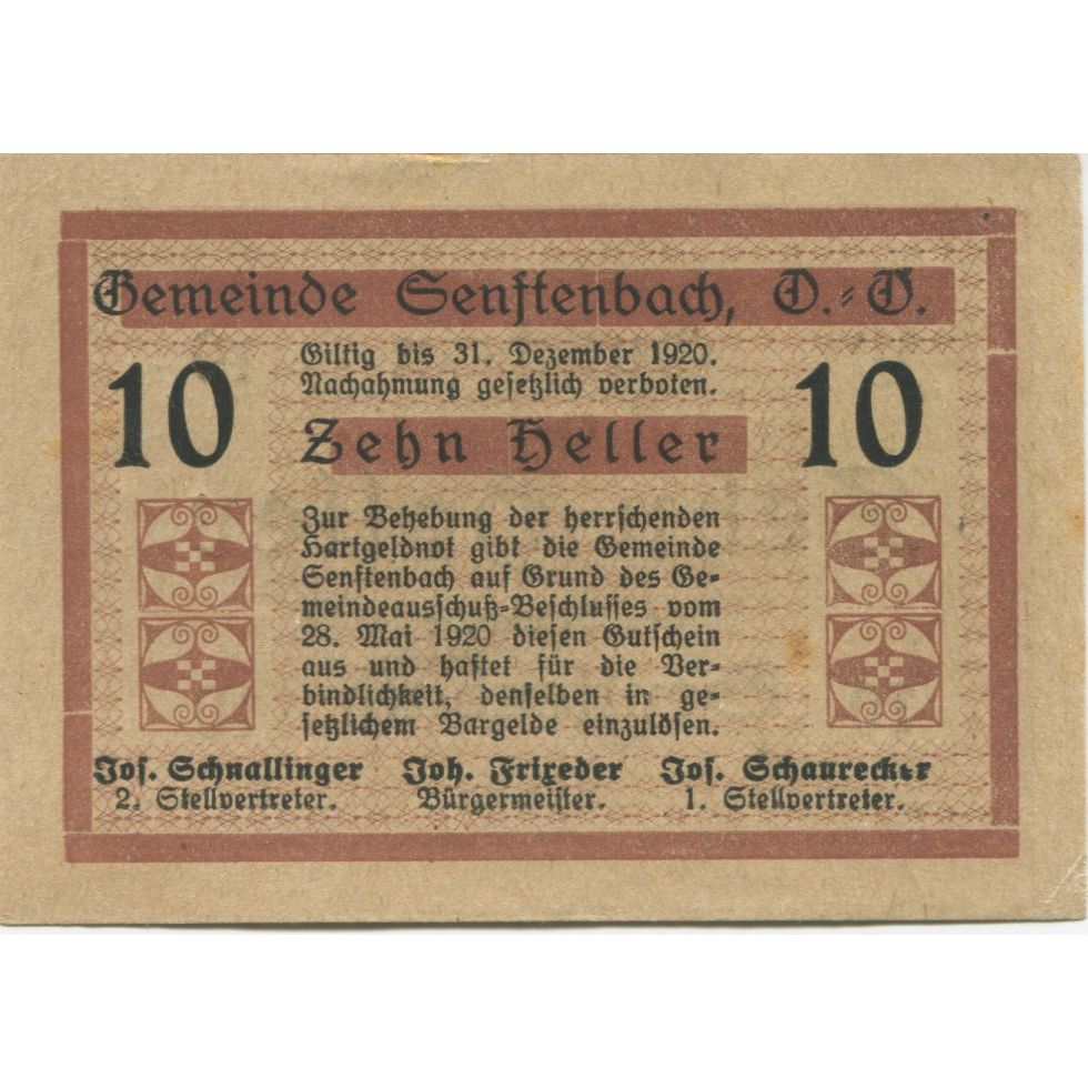 Banknote, Austria, Senftenbach, 10 Heller face value 1920 UNC(63) Mehl:FS 992a