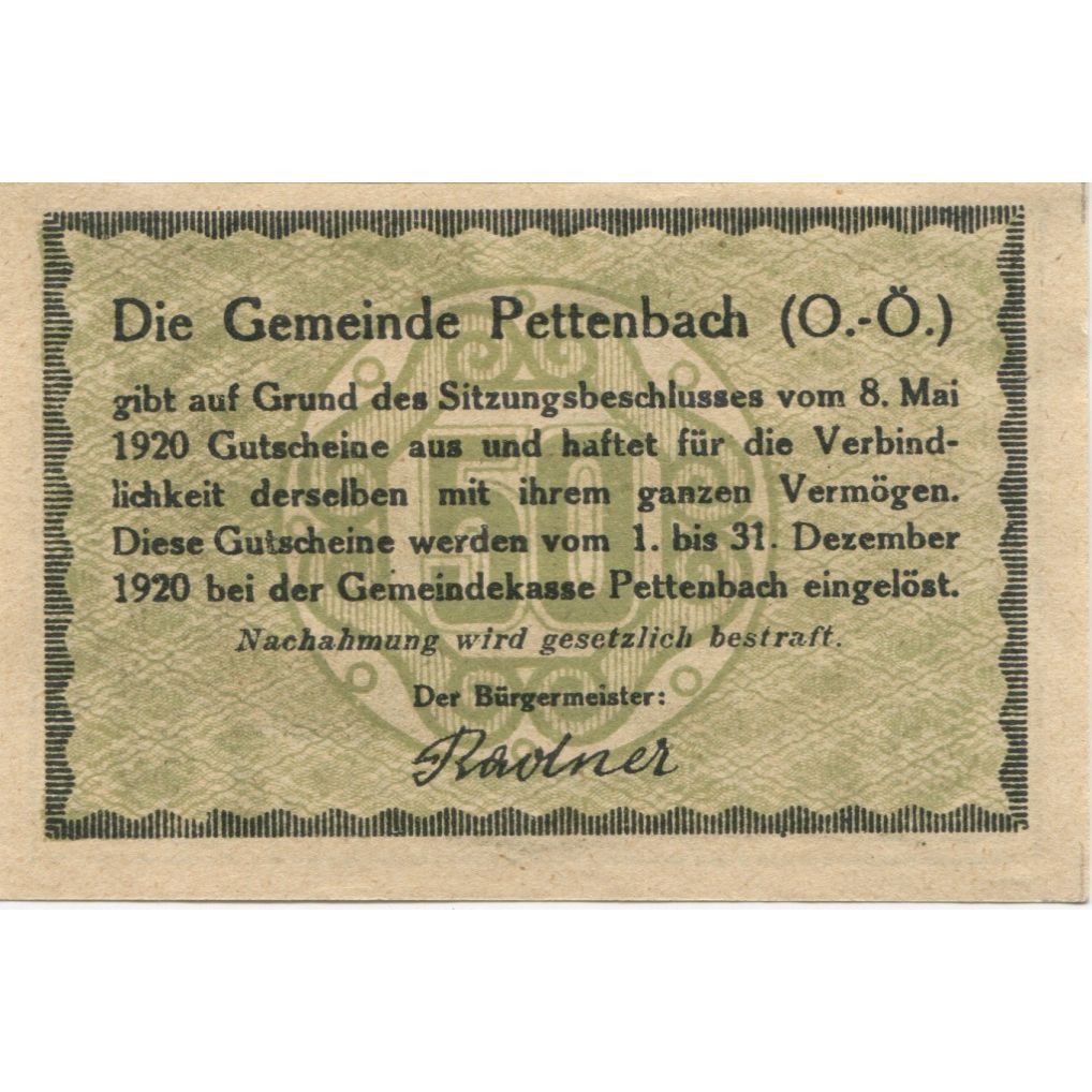 Banknote, Austria, Pettenbach, 50 Heller, Eglise, 1920 UNC(63) Mehl:FS 738
