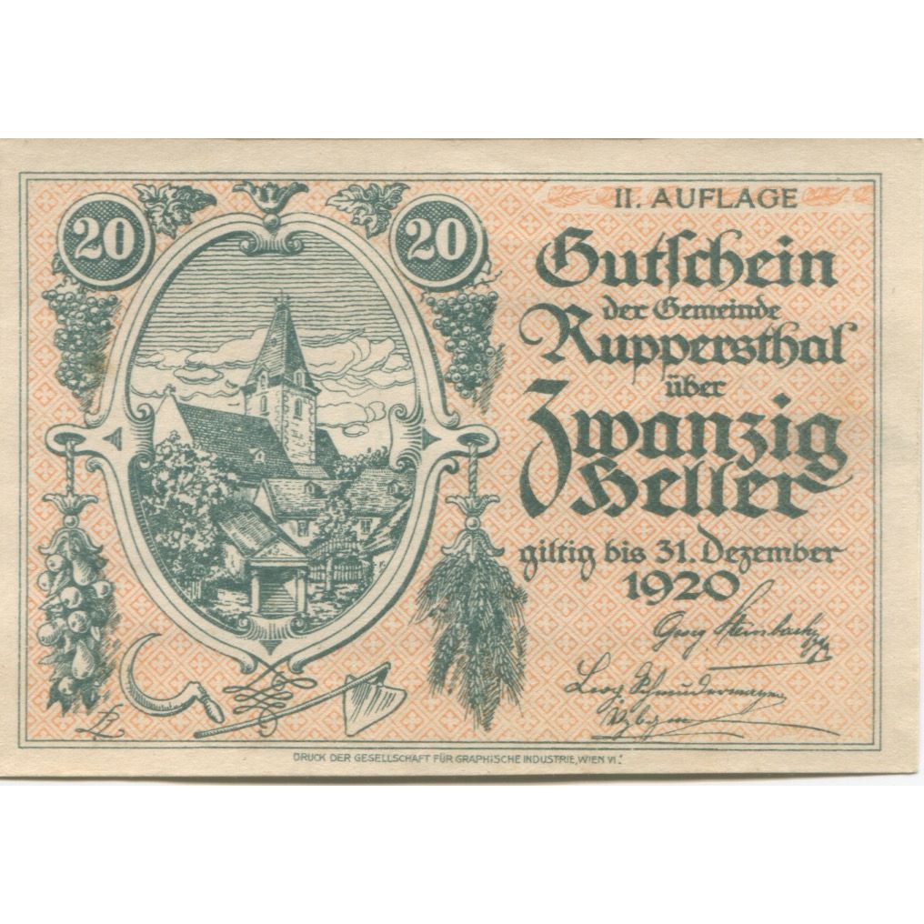 Banknote, Austria, Ruppersthal, 20 Heller, Eglise, 1920 UNC(63) Mehl:FS 854c