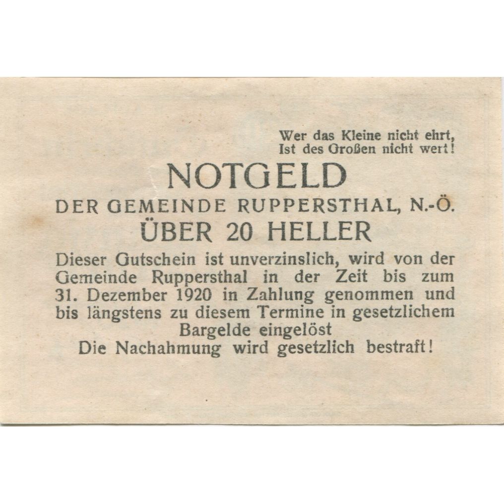 Banknote, Austria, Ruppersthal, 20 Heller, Eglise, 1920 UNC(63) Mehl:FS 854c