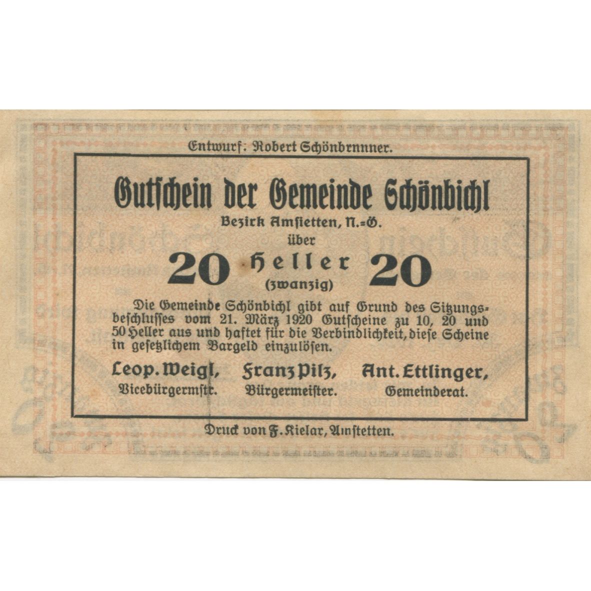 Banknote, Austria, Schönbichl, 20 Heller, champs 1920 UNC(63) Mehl:FS 969IIa