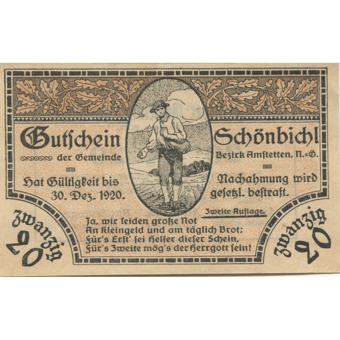 Banknote, Austria, Schönbichl, 20 Heller, champs 1920 UNC(63) Mehl:FS 969IIa