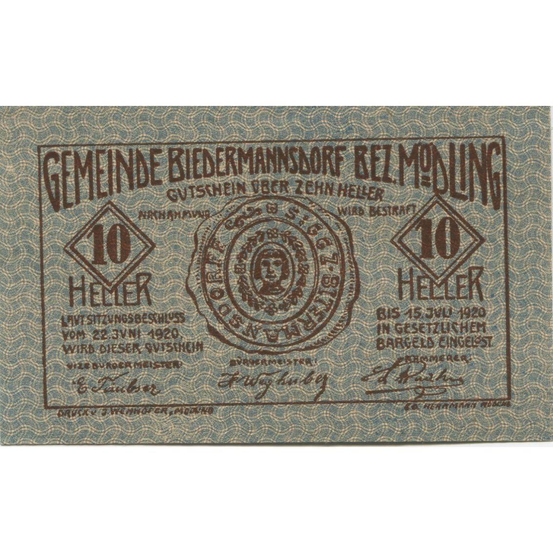 Banknote, Austria, Mödling, 10 Heller, Blason 1920-07-15, UNC(63) Mehl:FS 87b