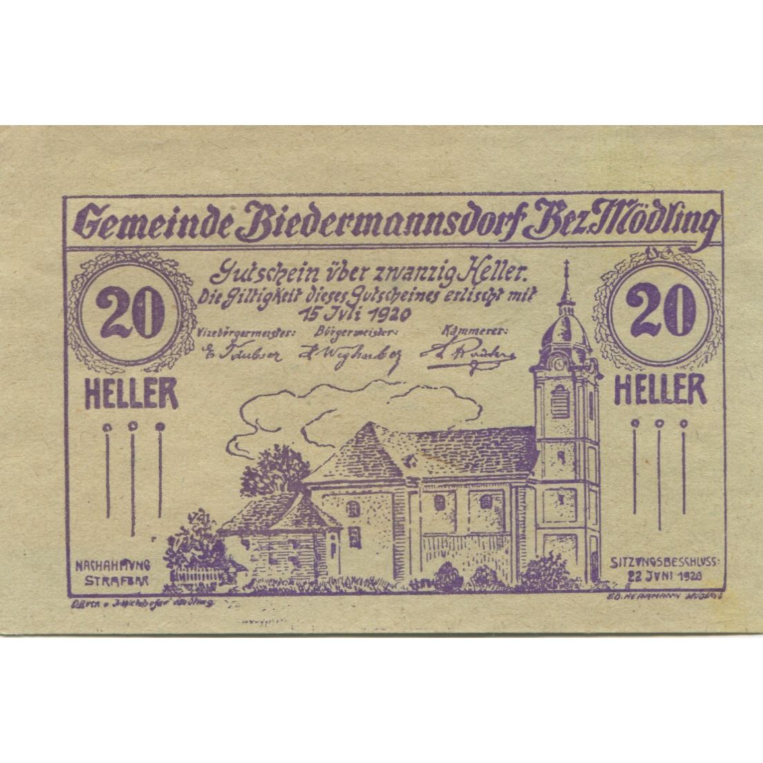 Banknote, Austria, Mödling, 20 Heller, Eglise, 1920 UNC(63) Mehl:FS 87a