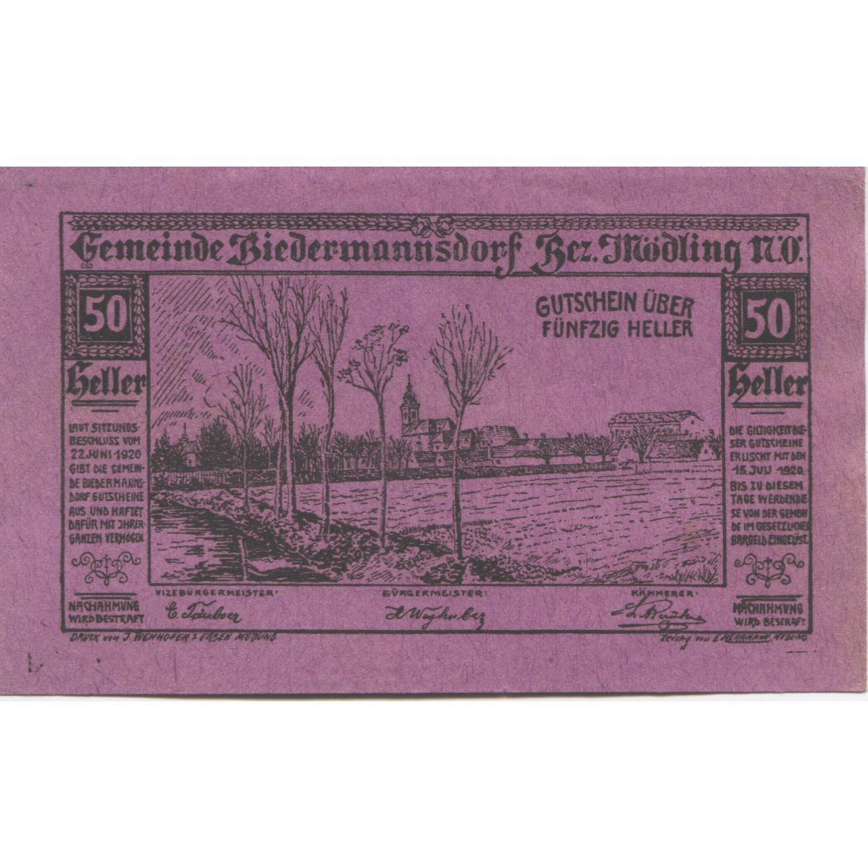 Banknote, Austria, Mödling, 50 Heller, paysage 1920-07-15, UNC(63) Mehl:FS 87a