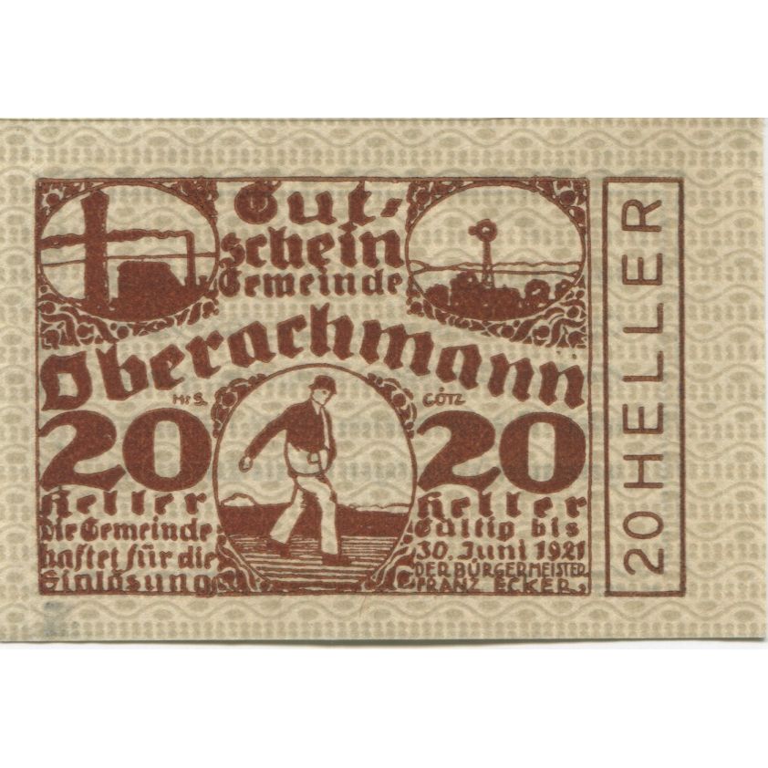 Banknote, Austria, Oberachmann, 20 Heller, personnage, 1921 UNC(63) Mehl:FS 680b
