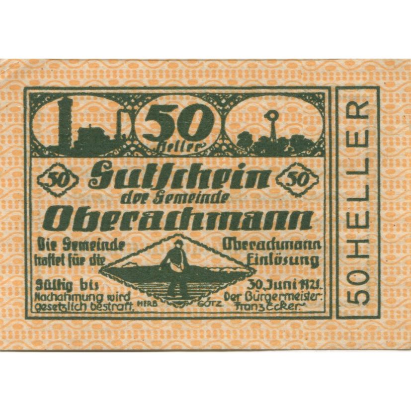Banknote, Austria, Oberachmann, 50 Heller, Usine, 1921 UNC(63) Mehl:FS 680b