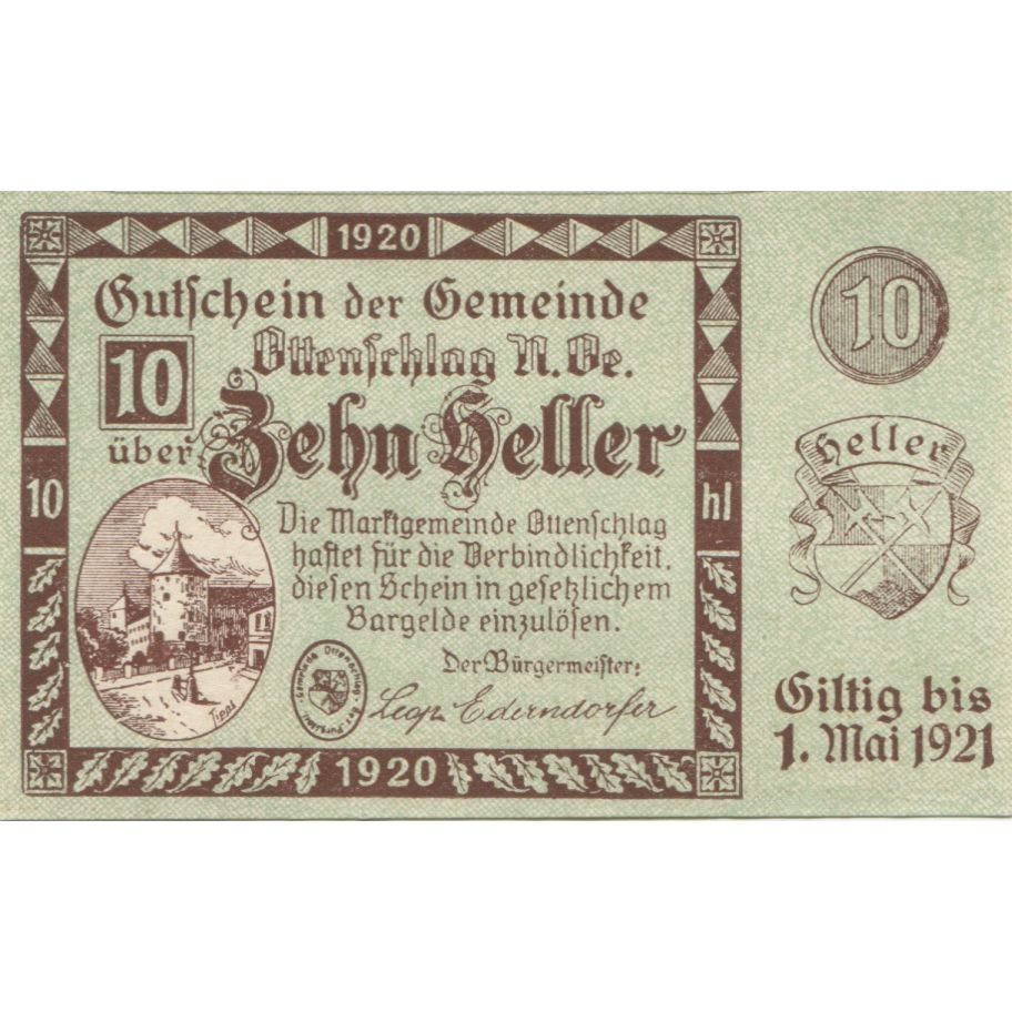 Banknote, Austria, Ottenschlag, 10 Heller, château, 1921, UNC(63) Mehl:FS 716a