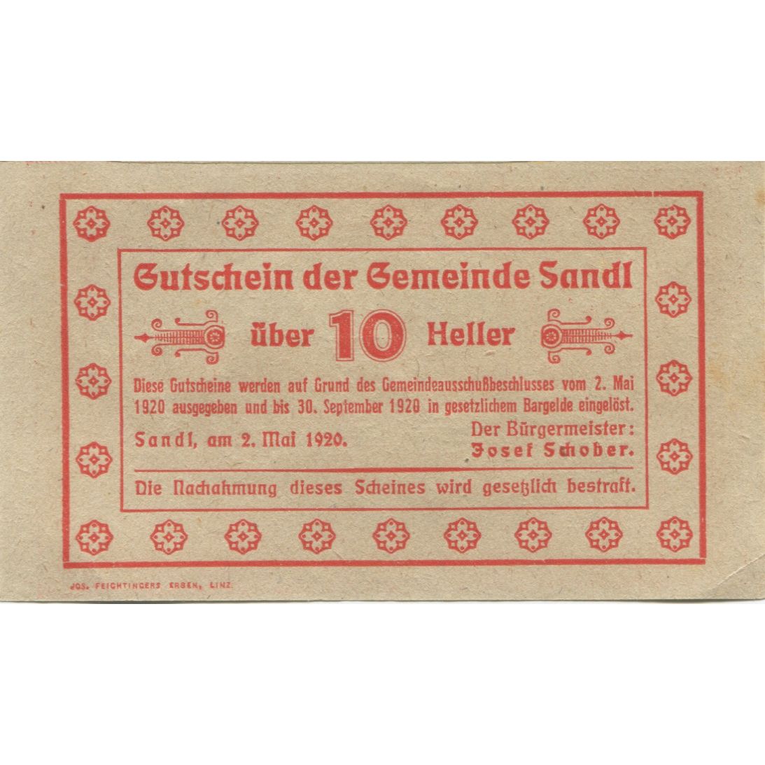 Biljet, Oostenrijk, Sandl, 10 Heller, paysage, 1920-09-30, SPL Mehl:FS 874Ia