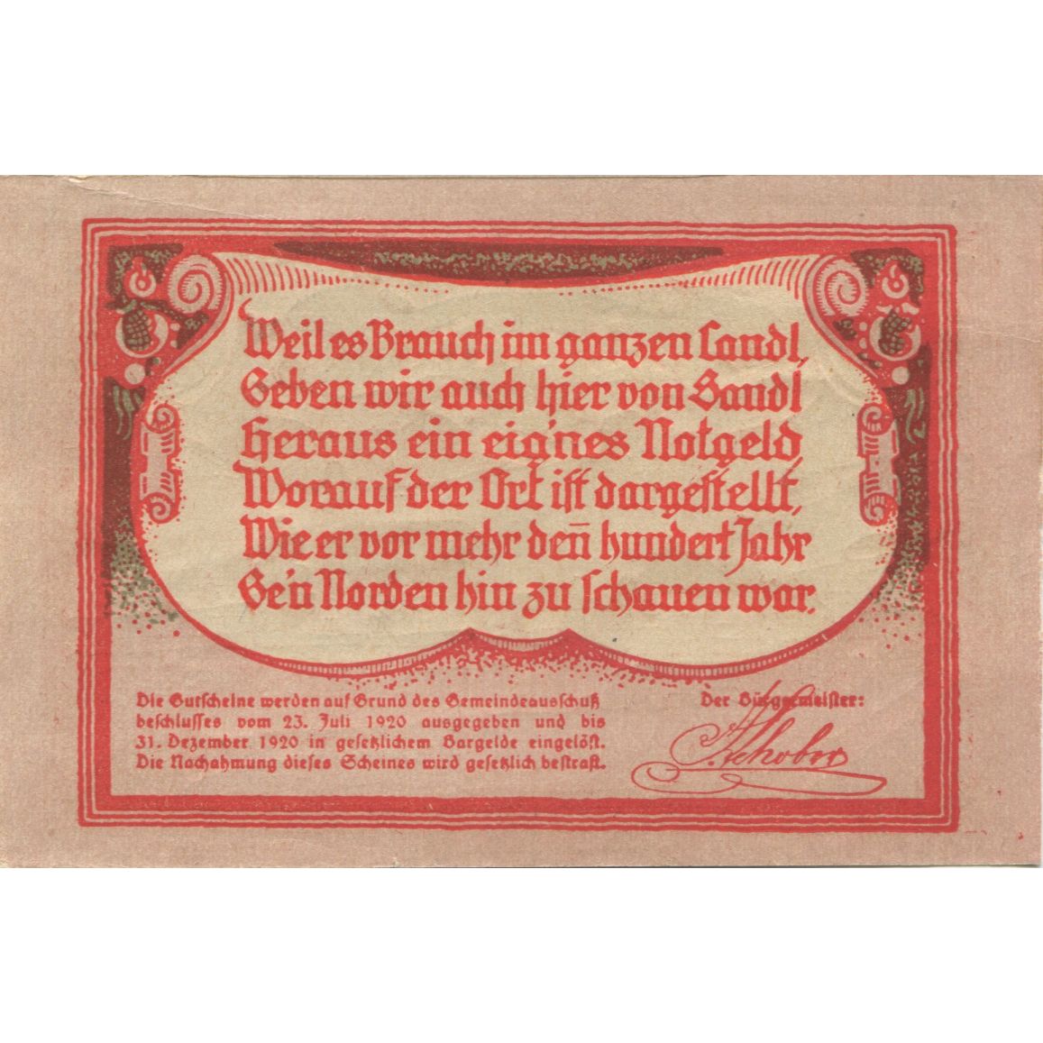 Banknote, Austria, Sandl, 90 Heller, village 1920-12-31, UNC(63), Mehl:FS 874I