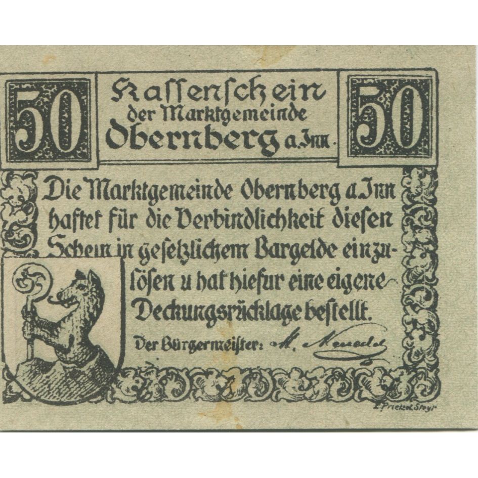 Banknote, Austria, Obernberg, 50 Heller, Blason, 1920, UNC(63), Mehl:FS 686Ia
