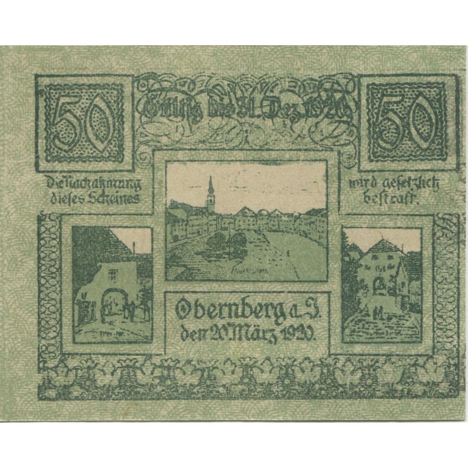 Banknote, Austria, Obernberg, 50 Heller, Blason, 1920, UNC(63), Mehl:FS 686Ia