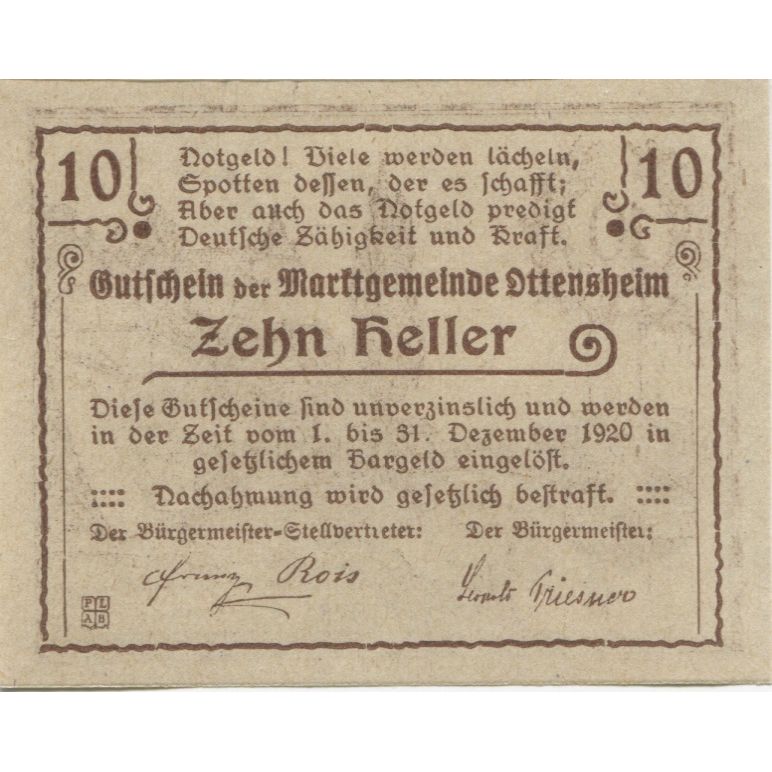 Banknote, Austria, Ottensheim, 10 Heller, Eglise, 1920, UNC(63) Mehl:FS 717