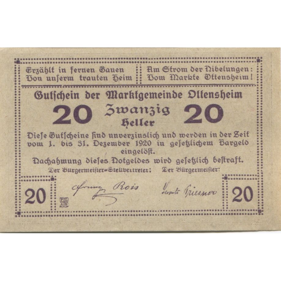 Banknote, Austria, Ottensheim, 20 Heller, village, 1920 UNC(63) Mehl:FS 717