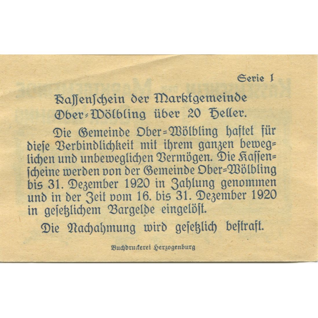 Banknote, Austria, Wölbling, 20 Heller Monument 1920-12-31, UNC(63) Mehl:FS 698h