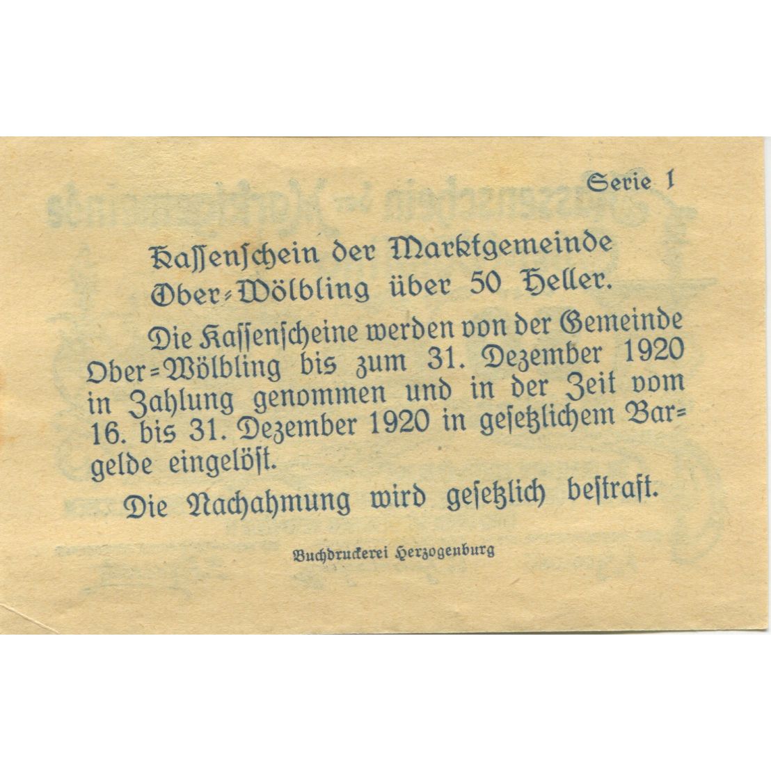 Banknote, Austria, Wölbling, 50 Heller, Eglise, 1920 UNC(63) Mehl:FS 698h
