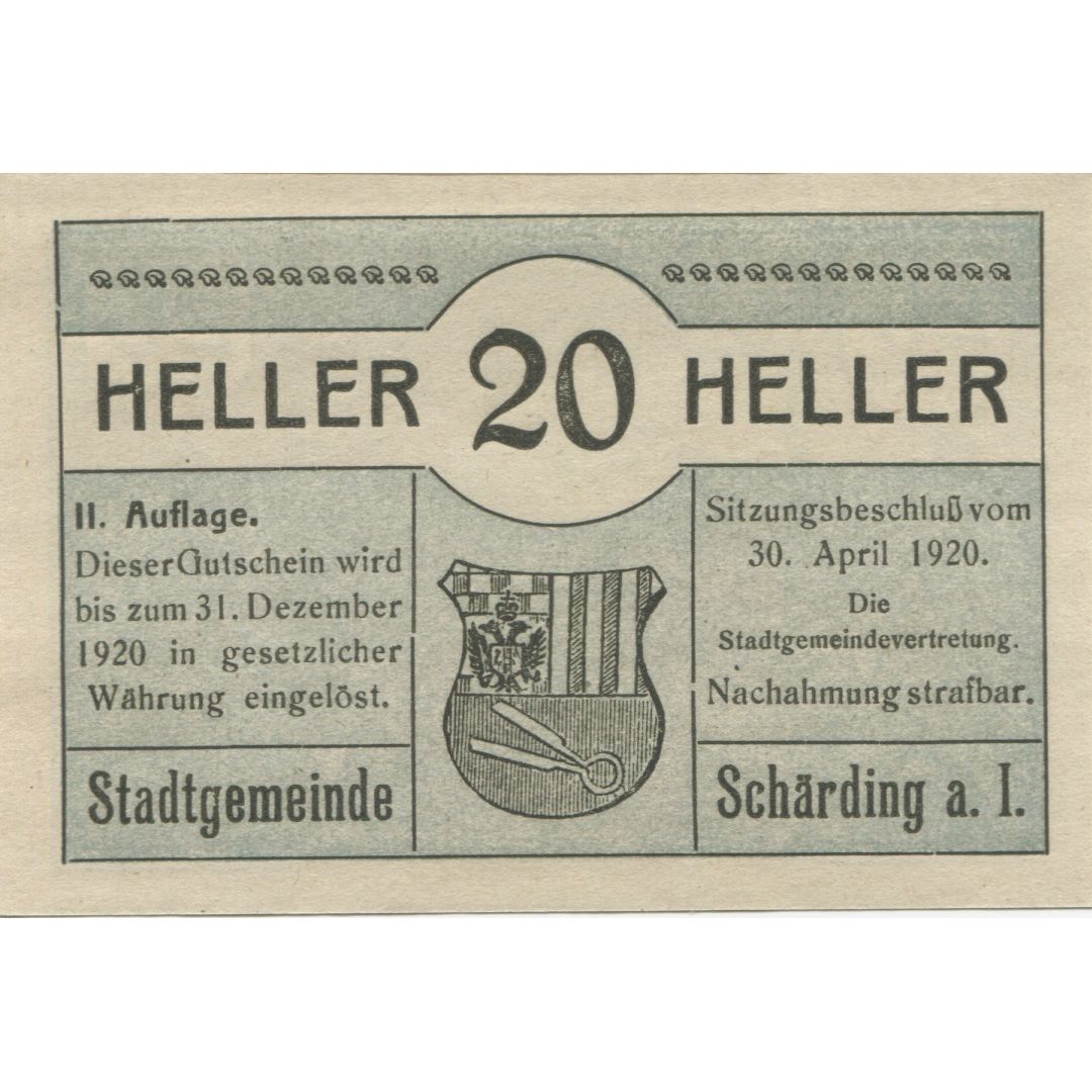 Banknote, Austria, Schärding, 20 Heller, rue, 1920 UNC(63) Mehl:FS 951