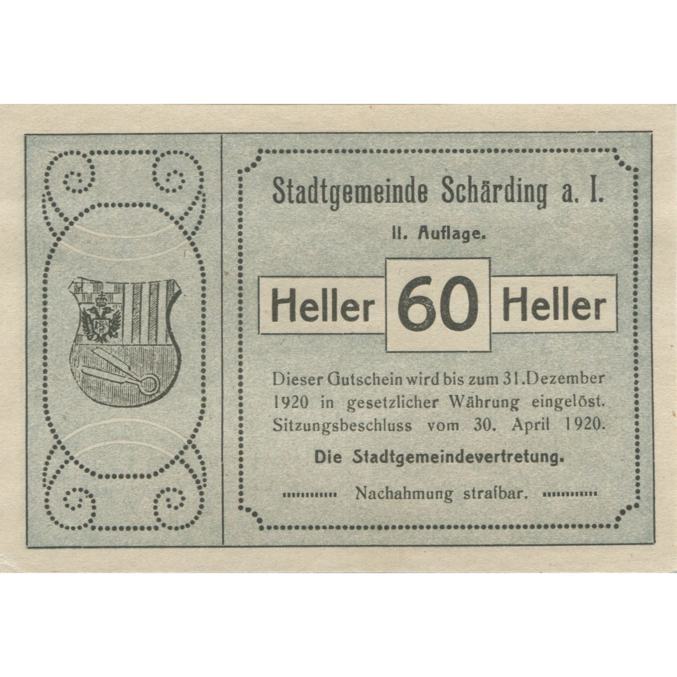 Banknote, Austria, Schärding, 60 Heller, pont, 1920 UNC(63) Mehl:FS 951