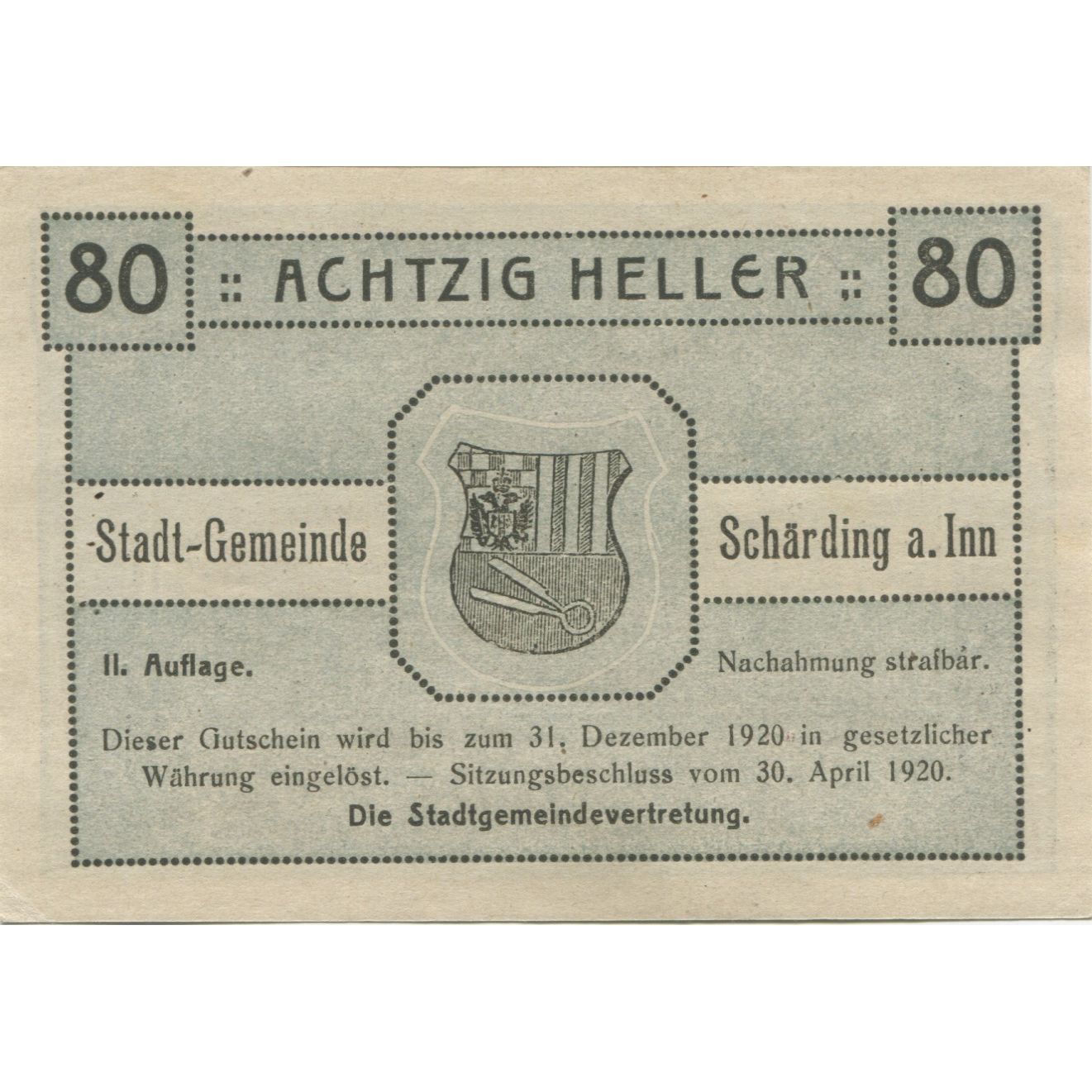 Banknote, Austria, Schärding, 80 Heller, château 1920-12-31, UNC(63) Mehl:FS 951