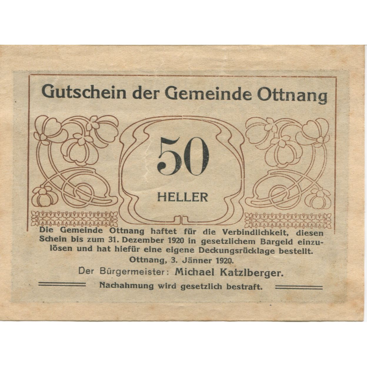 Banknote, Austria, Ottnang, 50 Heller, Mine 1920-12-31, AU(55-58) Mehl:FS 718a