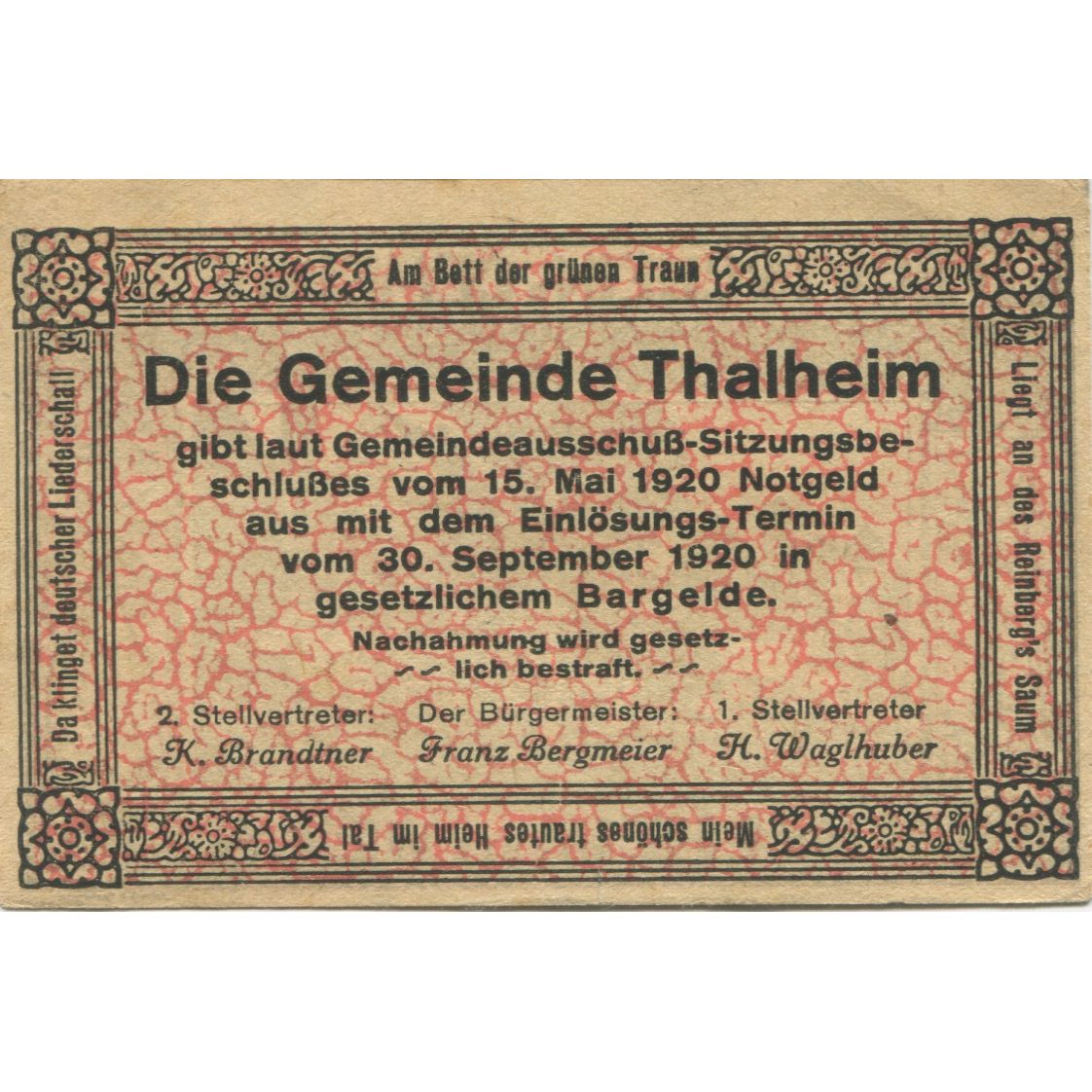 Banconote, Austria, Thalheim, 10 Heller, village 1920-09-30, SPL- Mehl:FS 1066