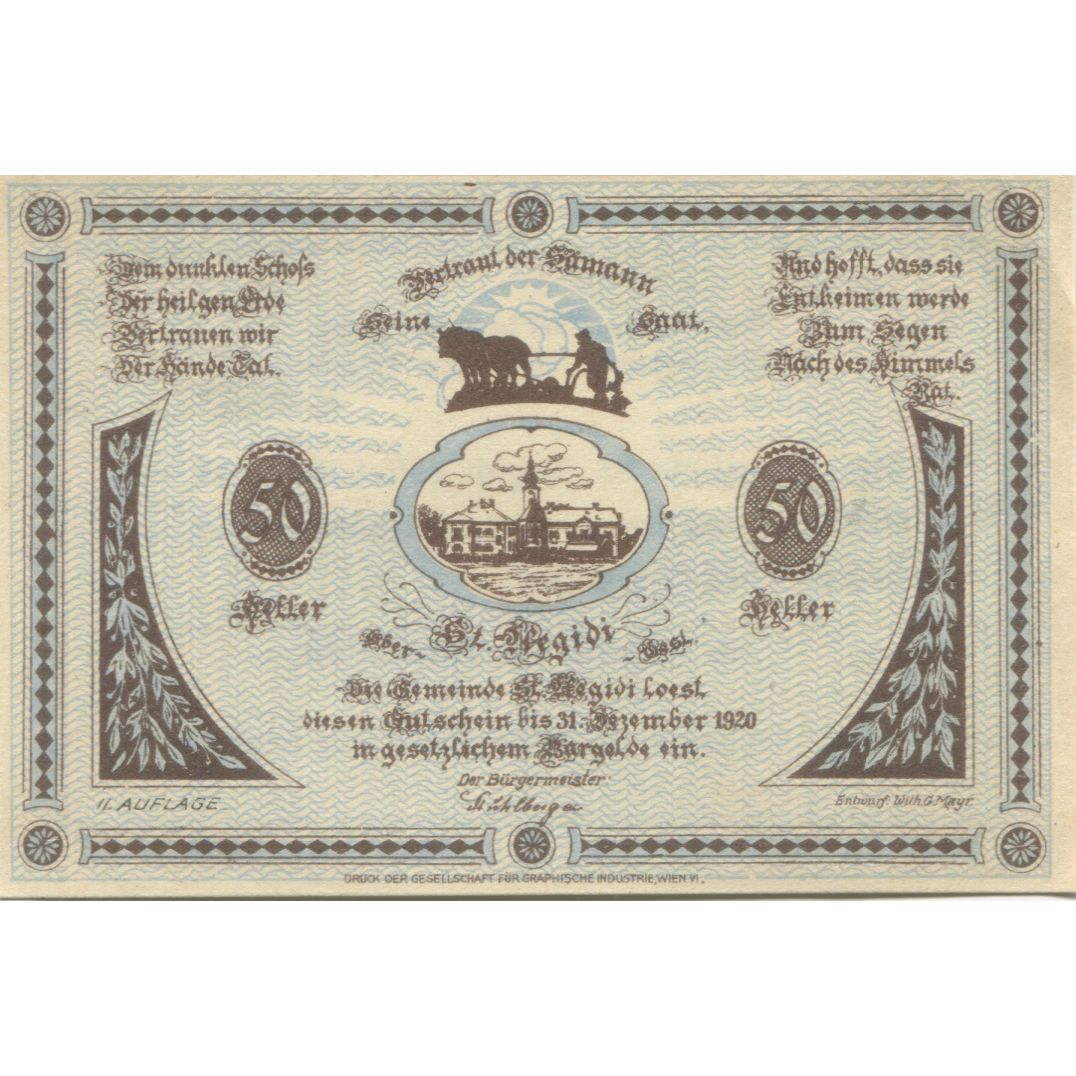 Banknote, Austria, St Aegidi, 50 Heller, Eglise, 1920 UNC(63) Mehl:FS 875IIa
