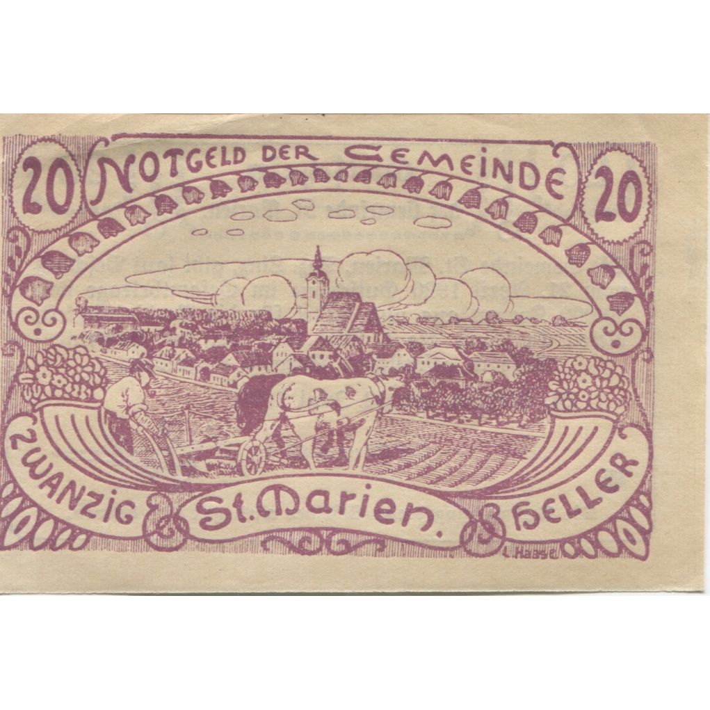 Banknote, Austria, St Marien, 20 Heller, champs, 1921 UNC(63) Mehl:FS 907b