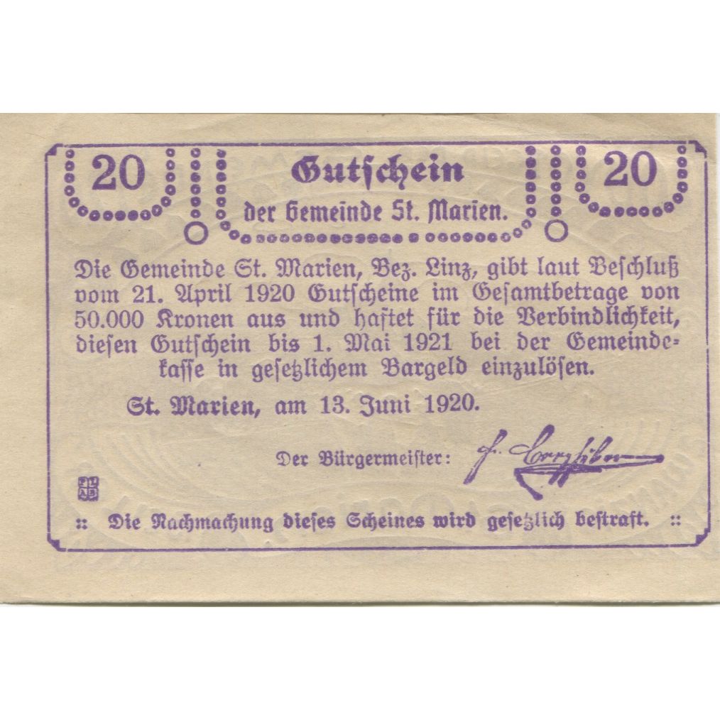 Banknote, Austria, St Marien, 20 Heller, champs, 1921 UNC(63) Mehl:FS 907b