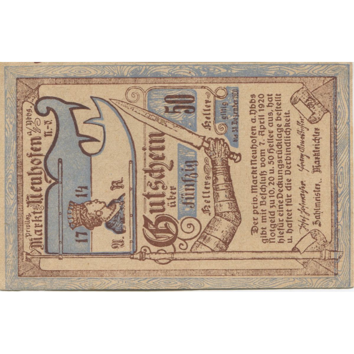 Banknote, Austria, Neuhofen, 50 Heller, épée, 1921 UNC(63) Mehl:FS 651a
