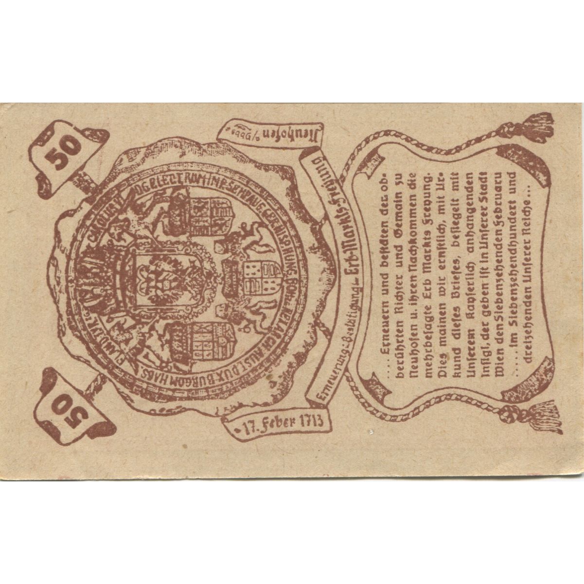 Banknote, Austria, Neuhofen, 50 Heller, épée, 1921 UNC(63) Mehl:FS 651a