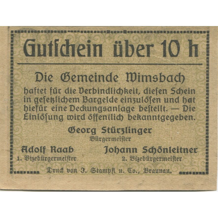 Banknote, Austria, Wimsbach, 10 Heller, château, 1920, UNC(63), Mehl:FS 1240a