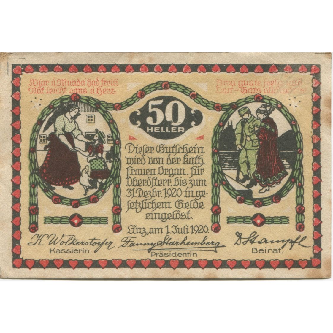 Banknote, Austria, Linz, 50 Heller, personnage, 1920 AU(55-58) Mehl:FS 535