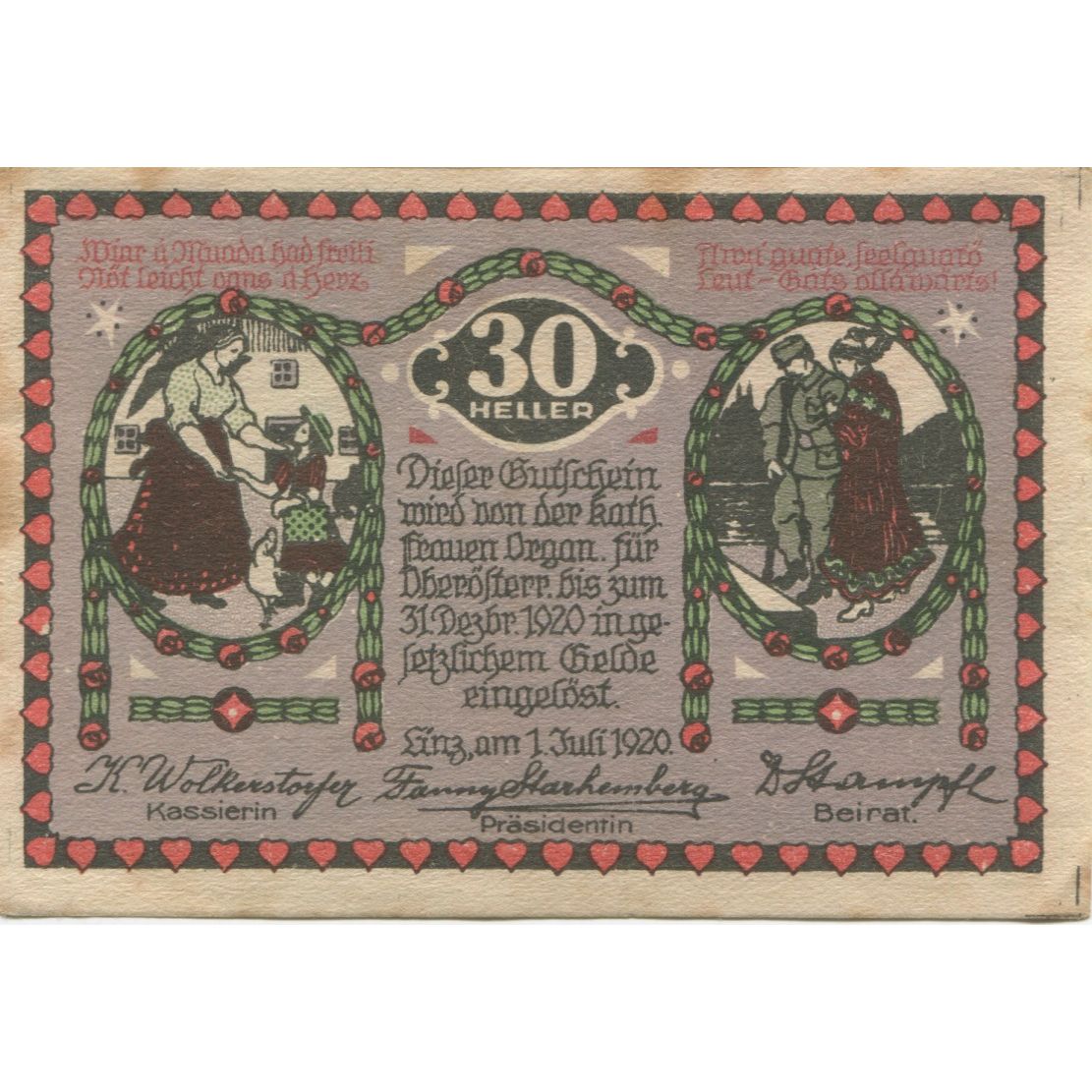 Banknote, Austria, Linz, 30 Heller, personnage, 1920 AU(55-58) Mehl:FS 535