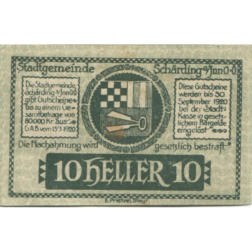 Banknote, Austria, Schärding, 10 Heller, Blason, 1920 UNC(63) Mehl:FS 951