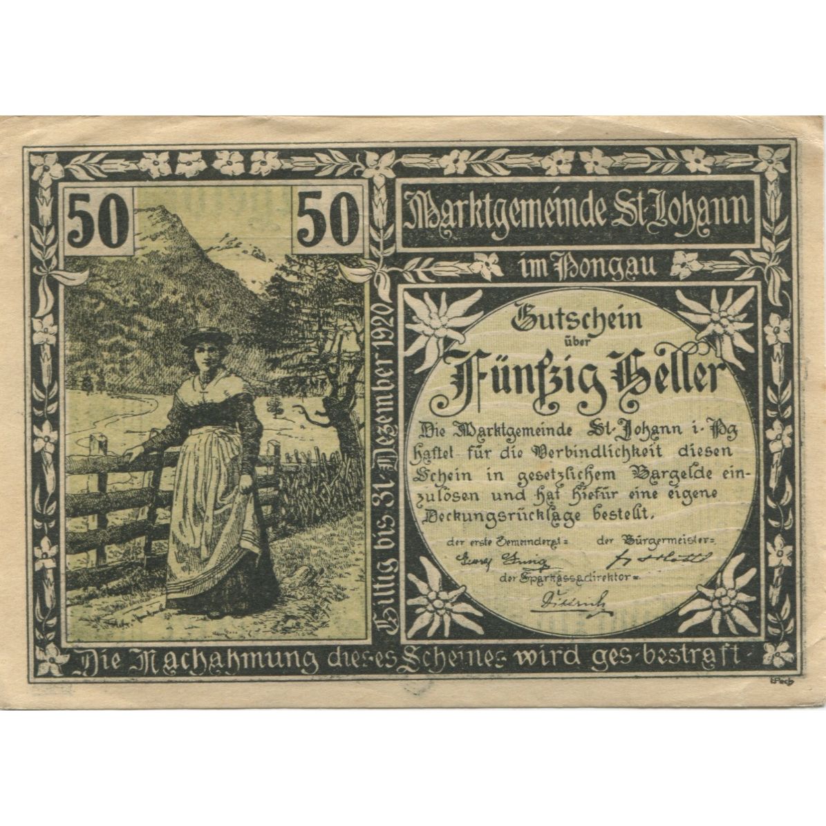 Banknote, Austria, St Johann, 50 Heller, personnage, 1920 MS(60-62) Mehl:FS 895a