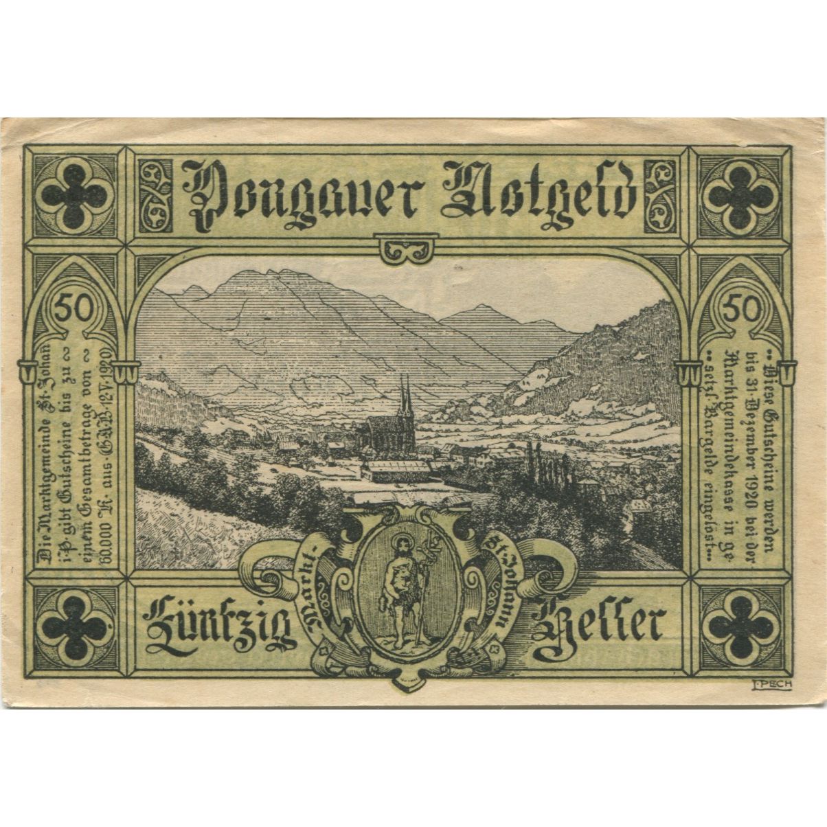 Banknote, Austria, St Johann, 50 Heller, personnage, 1920 MS(60-62) Mehl:FS 895a