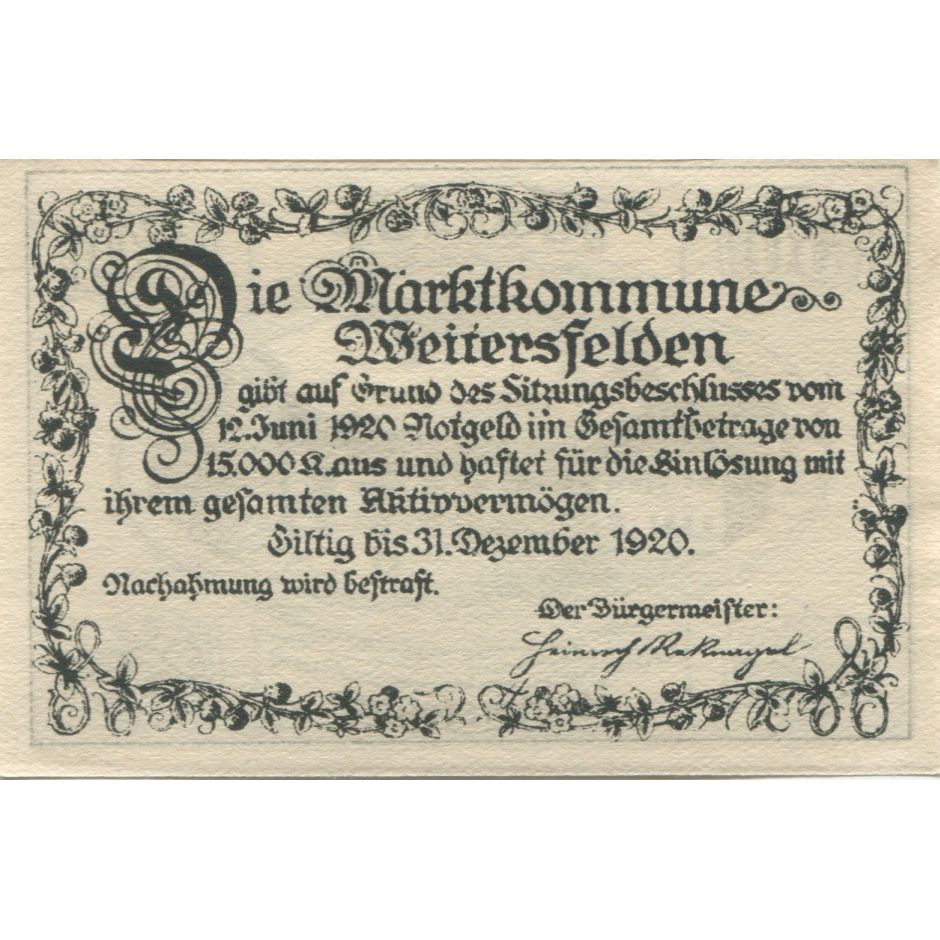 Banknote, Austria, Weitersfelden, 50 Heller, place, 1920 UNC(63) Mehl:FS 1164a