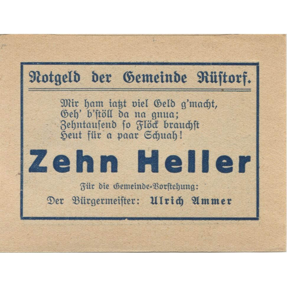 Banconote, Austria, Rustorf, 10 Heller, Blason 1920-12-31, SPL, Mehl:FS 856a