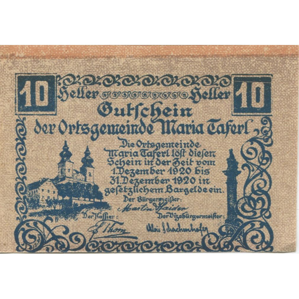 Banknote, Austria, Maria Taferl, 10 Heller, château, 1920 UNC(63) Mehl:FS 588