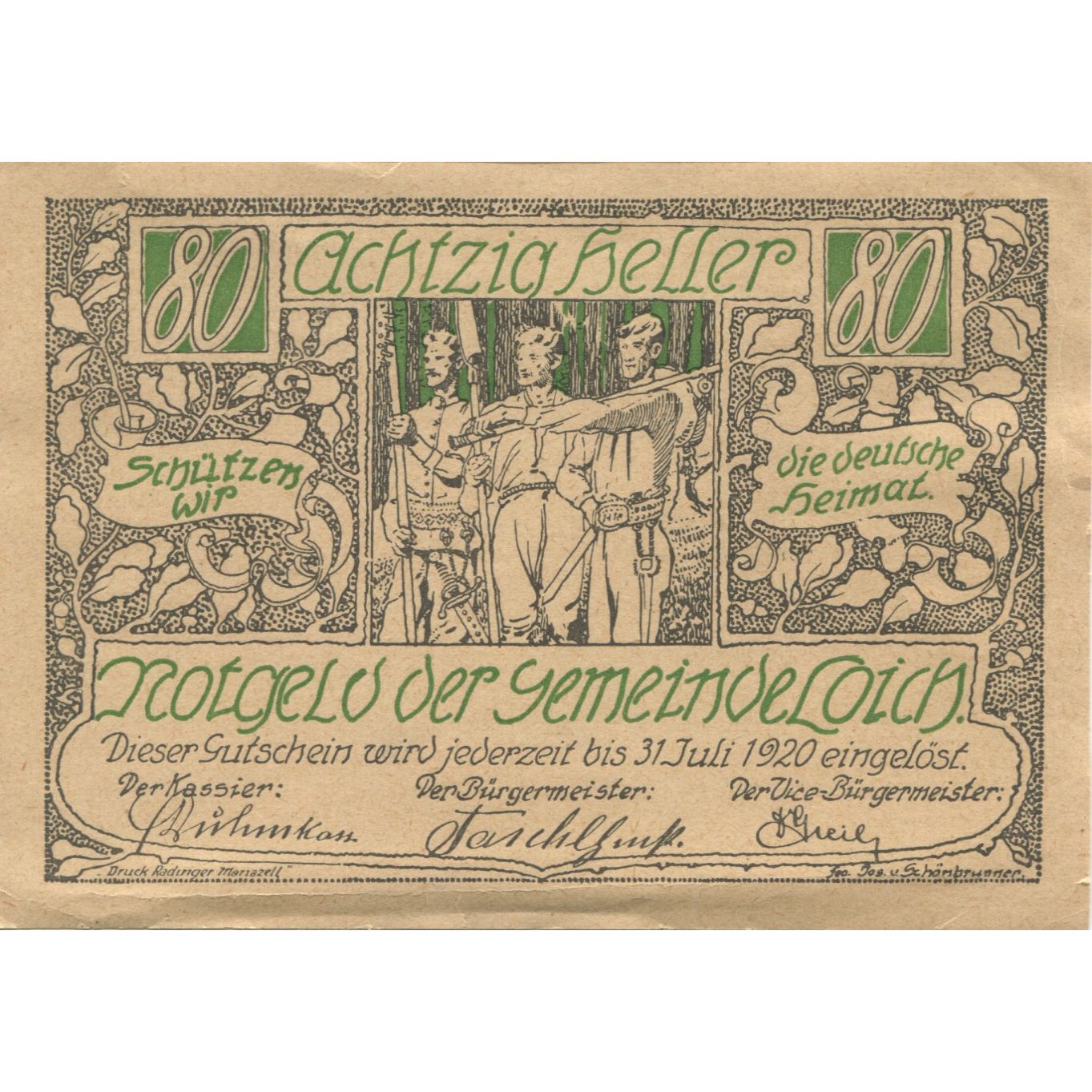 Banknote, Austria, LOICH, 80 Heller, personnage, 1920 UNC(63) Mehl:FS 562