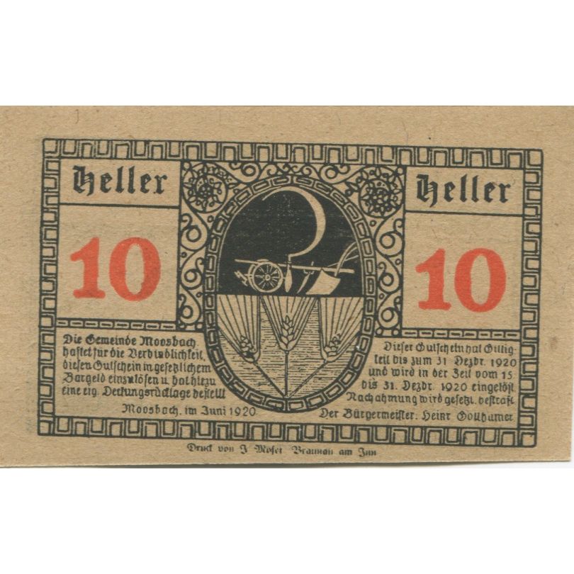 Banknote, Austria, Moosbach, 10 Heller, château, 1920 UNC(63) Mehl:FS 628a