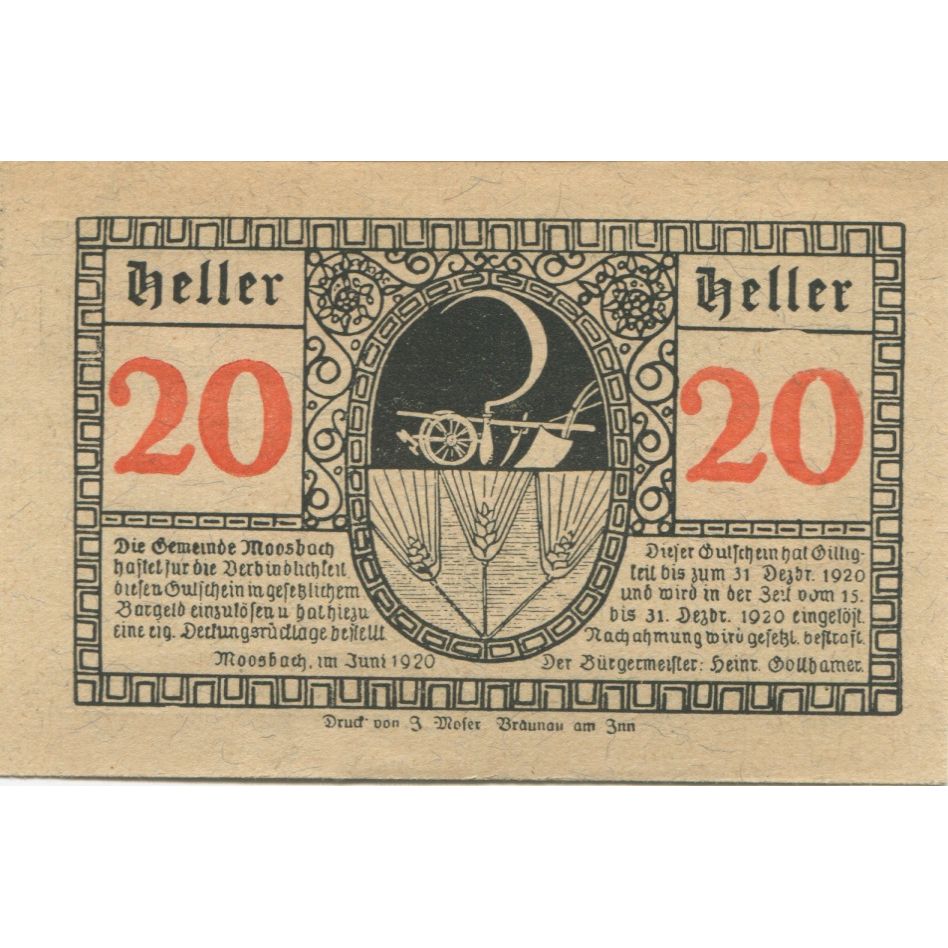 Banknote, Austria, Moosbach, 20 Heller, Eglise 1920-12-31, UNC(63) Mehl:FS 628a