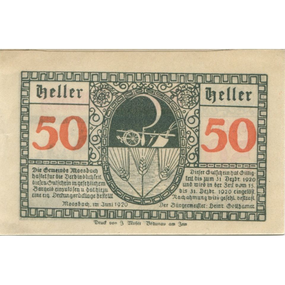 Banknote, Austria, Moosbach, 50 Heller, Eglise 1, 1920 UNC(63) Mehl:FS 628a