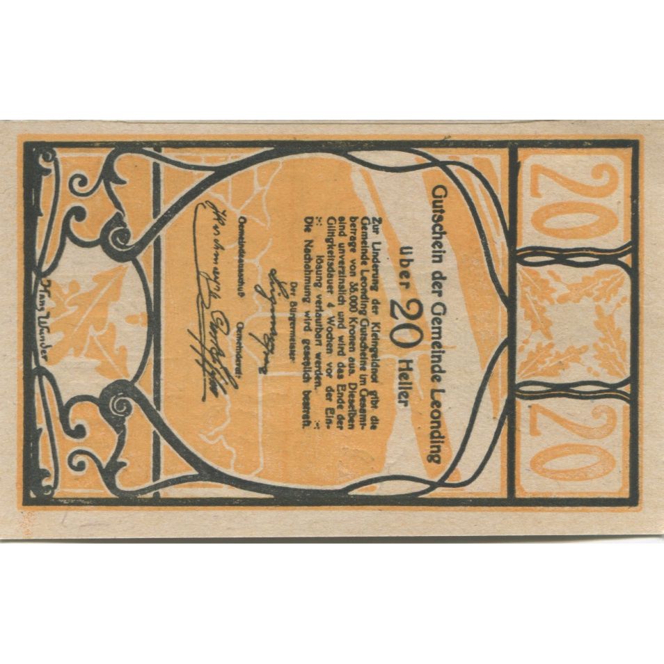 Geldschein, Österreich, Leonding, 20 Heller, statue, 1920, UNZ-, Mehl:FS 513a
