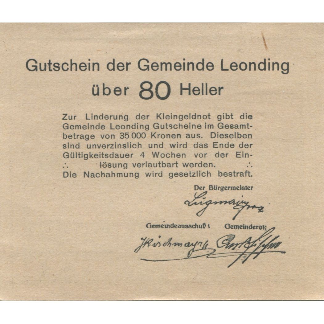 Banknote, Austria, Leonding, 80 Heller, village, 1920, UNC(63), Mehl:FS 513a