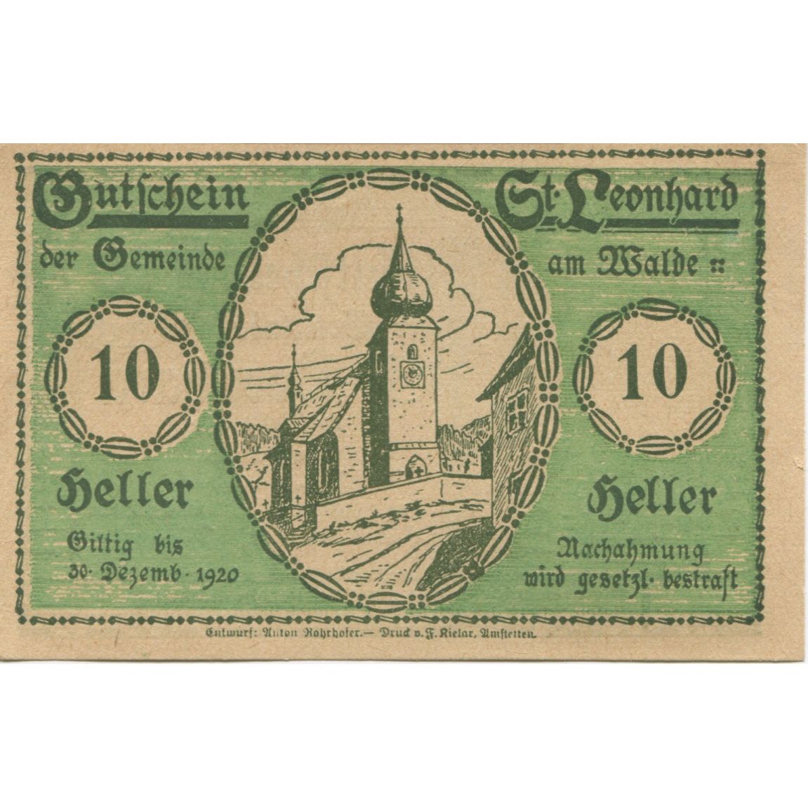 Banknote, Austria, St Leonhard, 10 Heller, Eglise, 1920 UNC(63) Mehl:FS 902c