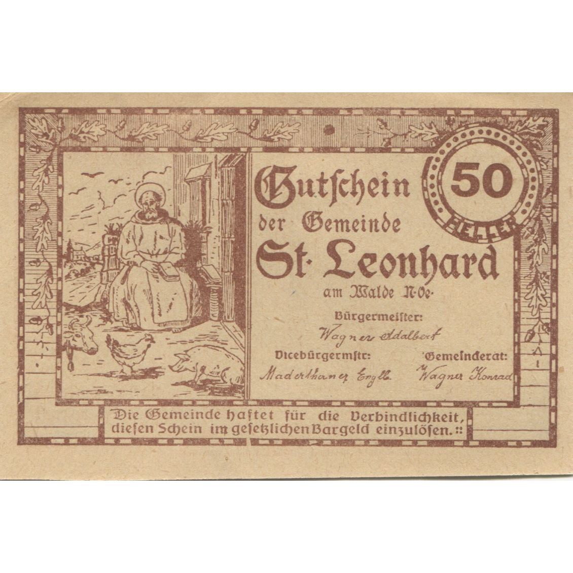Banknote, Austria, St Leonhard, 50 Heller, personnage, 1920 UNC(63) Mehl:FS 902c